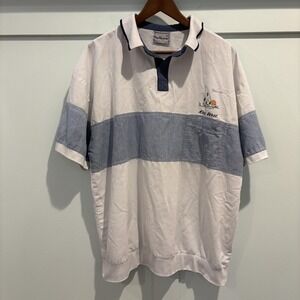 Vtg 80s Hugo Valentino Polo Shirt XL White Chambray Blue Resort Key West Florida